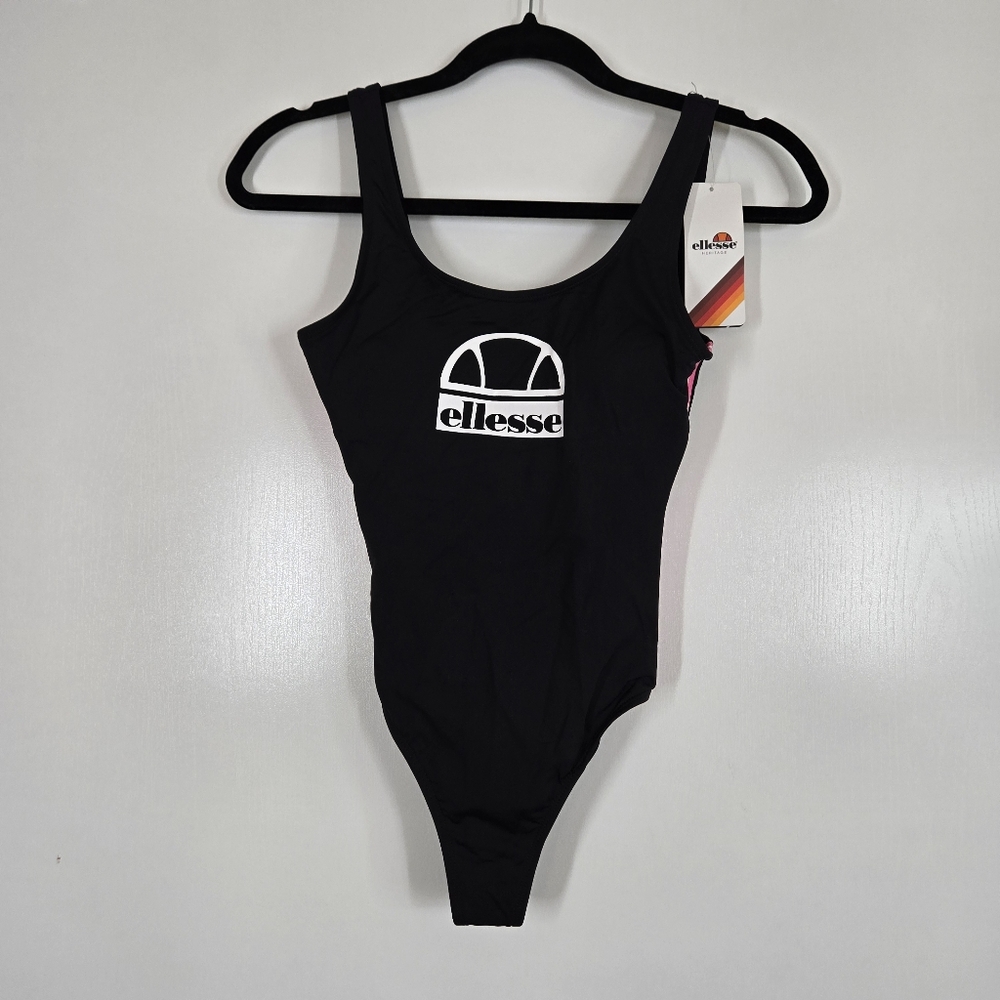 Ellesse Dolores Swimsuit Black Pink Elasticized Side Band Size 12 UK Medium‎ NWT